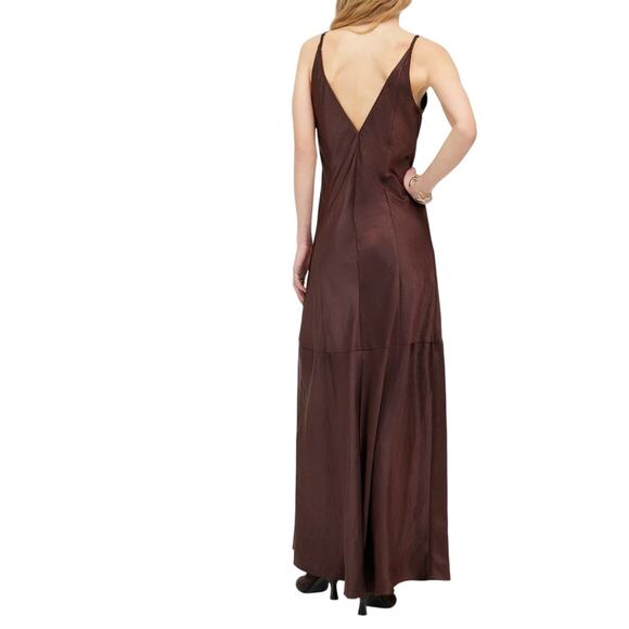 Madewell Satin Sleeveless Maxi Slip Dress V Neck Carob Brown Front Slit XS 2 - Picture 2 of 10